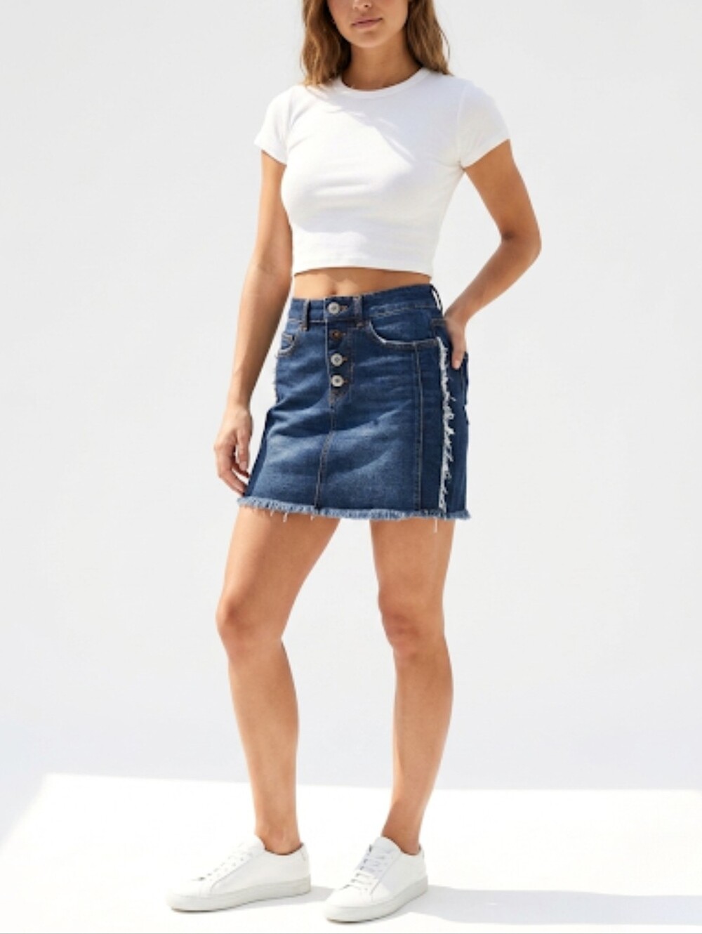 ZARA Z1975 DENIM Distressed Blue Jean Mini Skirt Frayed With Gem Buttons Size XS - Picture 11 of 12